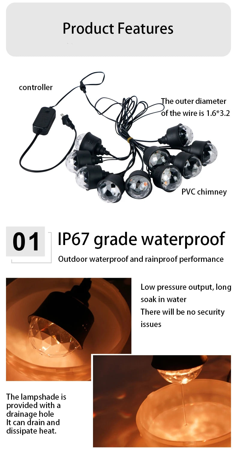 Solar Disco Party Outdoor String Lights Warm-Green(10 Lamps)